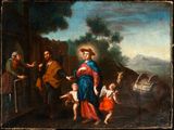 an oil painting of a man holding a child in his arms