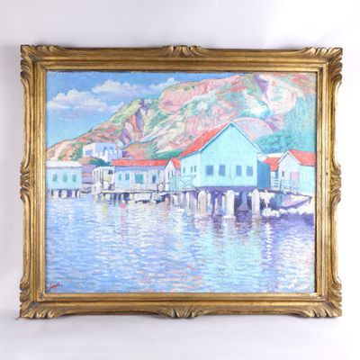 tableau représentant une scène de port avec une maison bleue et une montagne en arrière-plan