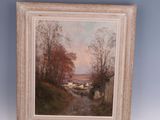 an oil painting of a landscape with a river in the foreground and a house in the distance