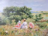 a painting of two women sitting in a field with umbrellas