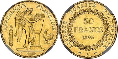 a gold coin with an image of an angel holding a sword