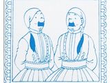 carreau bleu et blanc représentant deux hommes moustachus