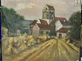 un tableau représentant une église au milieu d'un champ