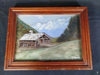 une peinture à l'huile représentant une grange dans un champ, avec des montagnes en arrière-plan