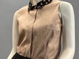 beige silk sleeveless blouse with black and white checkered collar