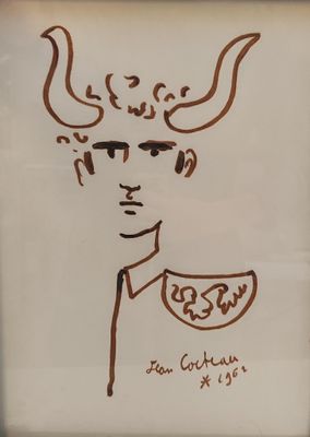 dessin représentant un homme à tête de taureau et un bol de soupe