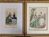 two framed prints of ladies in dresses and a man in a tuxedo