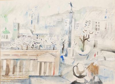 une aquarelle représentant une femme assise sur un banc