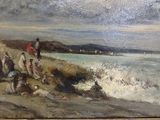 a painting of people on the beach by the water