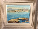 an oil painting of a view of a town by the water