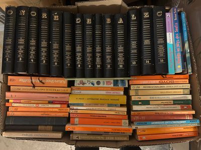 beaucoup de livres dans une boîte posée sur le sol