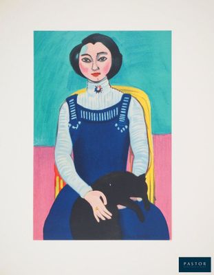 tableau représentant une femme assise sur une chaise, avec un chat sur les genoux