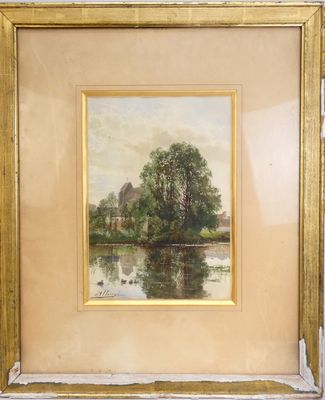 une image représentant une peinture d'un paysage fluvial avec une maison en arrière-plan