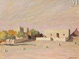 une peinture à l'huile représentant un paysage désertique avec un bâtiment et des arbres