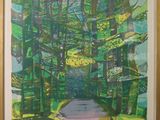 peinture représentant un sentier dans une forêt, bordé d'arbres de chaque côté