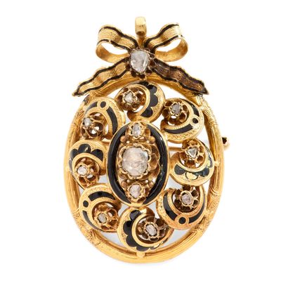 une image représentant une broche en forme d'œuf, en or et diamants, sur fond blanc