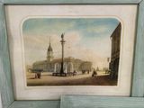 painting of a city square with a clock tower in the middle of it