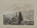 an image of a drawing of a landscape with trees and buildings