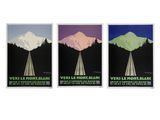 un lot de trois affiches avec des montagnes en arrière-plan