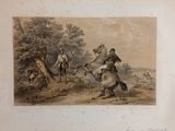 tableau représentant un homme à cheval, avec un autre homme à cheval derrière lui