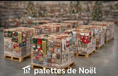 several pallets of christmas wrapping are stacked on pallets in front of a christmas tree