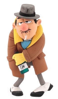 cartoon figure of a man in a coat and hat holding a bottle of alcohol