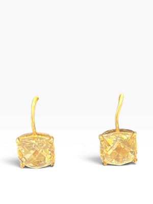 a pair of gold earrings with square cut crystals on them
