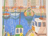 une image d'une peinture de bateaux dans un port