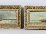 paire de peintures à l'huile du XIXe siècle représentant des bateaux sur l'eau