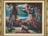 une image représentant un tableau où l'on voit une femme assise sur un banc dans un jardin