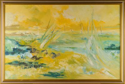 painting of a painting of a yellow landscape with trees in the foreground