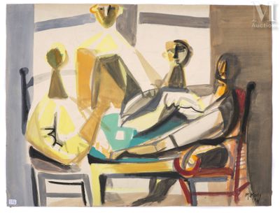une peinture représentant un homme assis à une table avec un vase