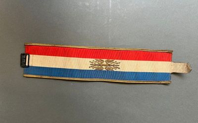 une image représentant un ruban rouge, blanc et bleu orné d'un lion