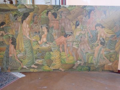 INDONESIE Important tableau, peinture sur toile, contrecollé sur panne - Photo 1
