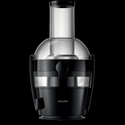 un extracteur de jus noir et argenté sur fond noir