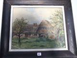tableau représentant une scène de campagne avec une maison et des arbres au premier plan
