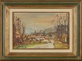 an oil painting of a country road with houses in the distance