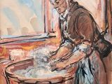 tableau représentant une vieille femme en train de se laver les mains dans un seau en bois