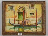 une peinture à l'huile représentant une gondole devant un immeuble