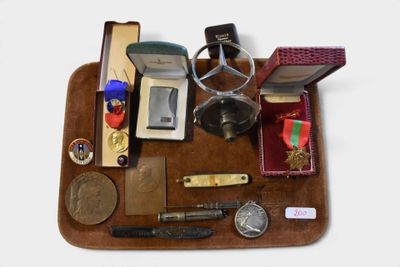 a brown tray with a lot of different items on it