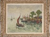 tableau représentant des voiliers dans un port, avec des arbres et des bâtiments en arrière-plan