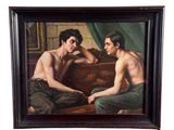 tableau à l'huile encadré représentant deux hommes assis sur un canapé dans un salon