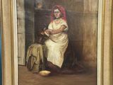 tableau représentant une femme coiffée d'une coiffe rouge, assise devant une porte