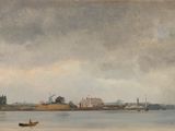 un tableau représentant un bateau sur l'eau, près du rivage