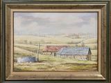 une peinture à l'huile représentant une scène de vie à la ferme, avec une grange au premier plan