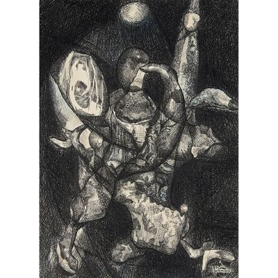 an image of a black and white drawing of a man holding a tennis racquet
