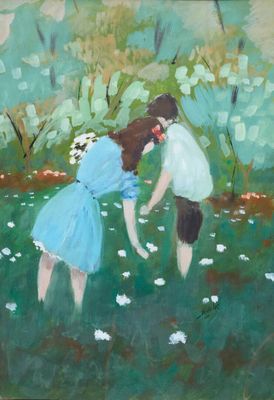 tableau représentant deux enfants jouant dans un champ de marguerites