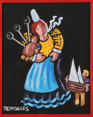 tableau représentant une femme tenant un enfant et un panier d'outils