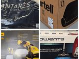 quatre photos différentes d'un carton contenant des aspirateurs et d'un carton contenant des aspirateurs