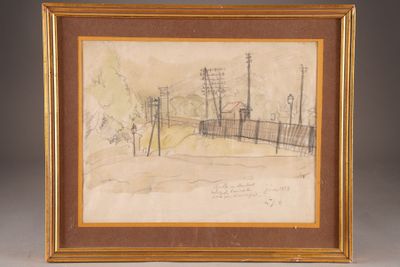 a drawing of a landscape with power lines and telephone poles